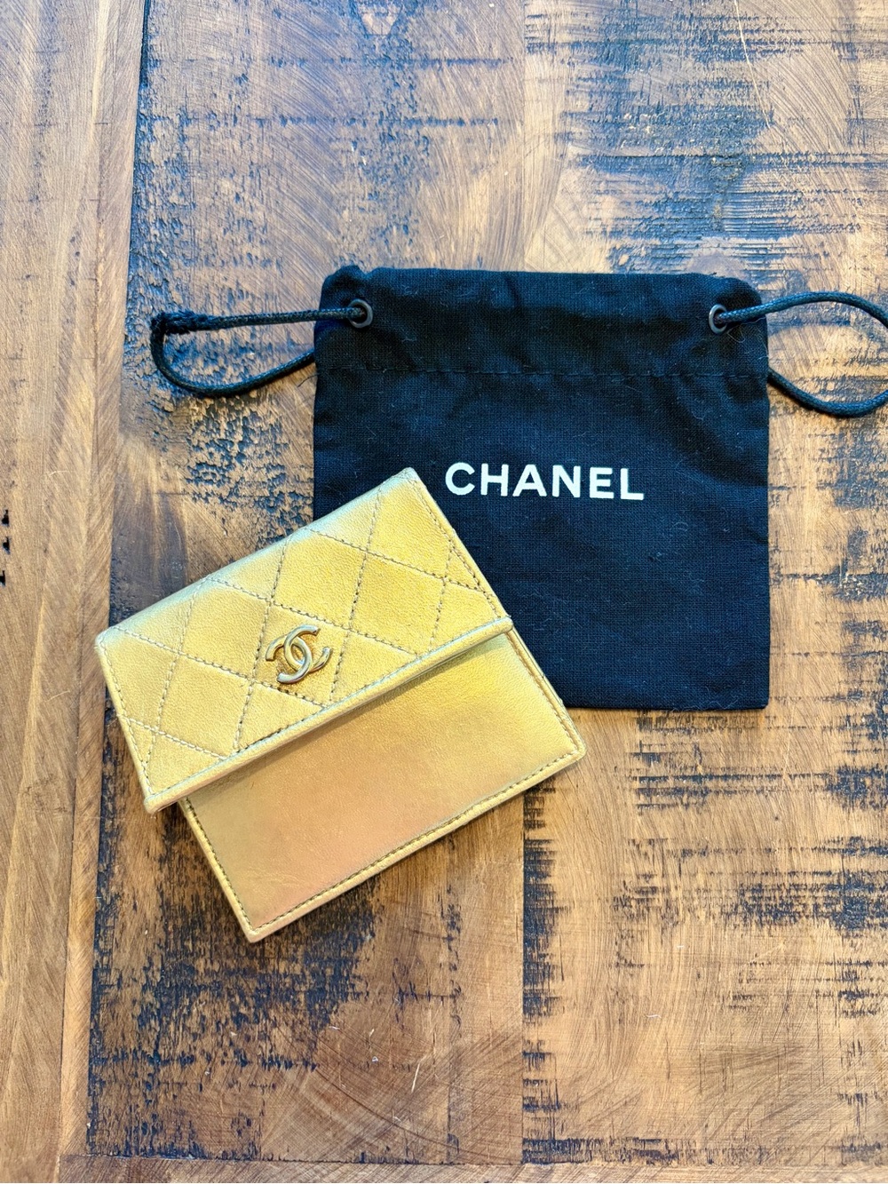 CHANEL Gold Quilted Leather Card Wallet with CC Logo